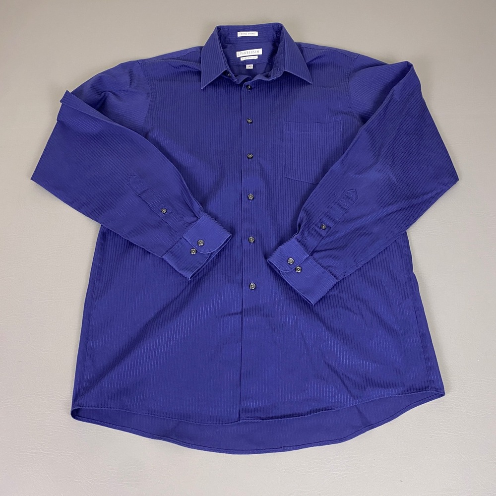 Van Heusen Dress Shirt Men's Size 16 34/35 Blue Satin Stripe Classic Fit